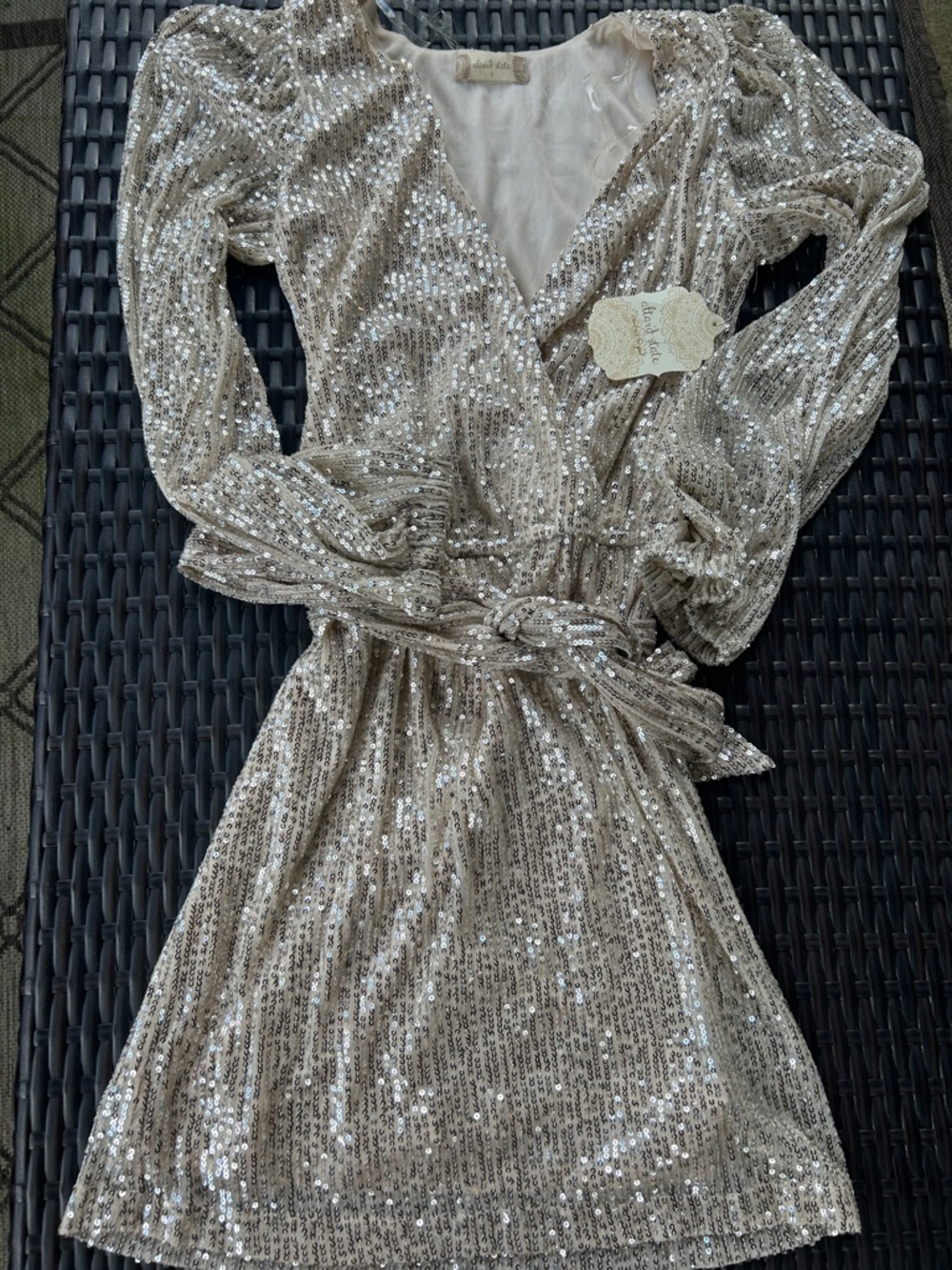 Altar'd State Champagne Sequin Long Sleeve Wrap Dress